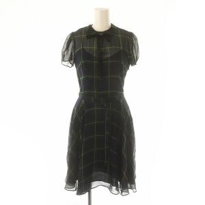 チェックワンピース 膝丈 半袖 シアー シルク 0 緑 グリーン マルチカラー