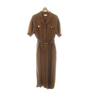 リネンタッチサロペット オールインワン ワイドパンツ ボタンフライ 半袖 36 茶 ブラウン /DO OS