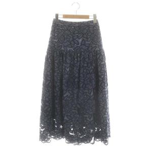 レースギャザースカート ロング フレア 刺繍 36 紺 ネイビー ライトブルー