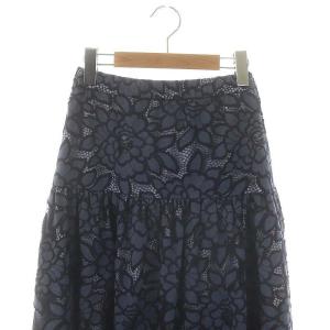 GRACE CONTINENTAL レースギャザースカート ロング フレア 刺繍 36 紺 ネイビー ライトブルー