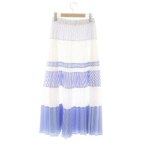 GRACE CONTINENTAL ミックスプリーツスカート ロング フレア ティアード ストライプ チェック 36 白 ホワイト ライトブルー