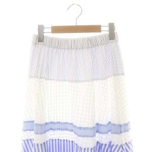 GRACE CONTINENTAL ミックスプリーツスカート ロング フレア ティアード ストライプ チェック 36 白 ホワイト ライトブルー