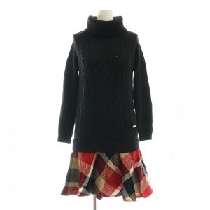 ワンピース 長袖 膝丈 ニット チェック 切替 ウール 36 黒 赤 ブラック レッド /NR OS
