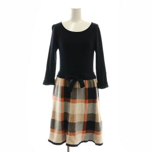 ドッキングワンピース ニット 膝丈 長袖 チェック柄 ベルト付き 38 黒 ベージュ マルチカラー /ES