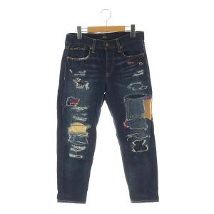 ダメージ加工 パッチワーク デニムパンツ テーパード ボタンフライ 25 紺 ネイビー /HK OS