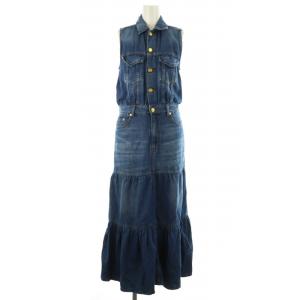 オーガニックデニム ティアード ミディ丈ワンピース ロング マキシ ノースリーブ 34 青 ブルー /MF