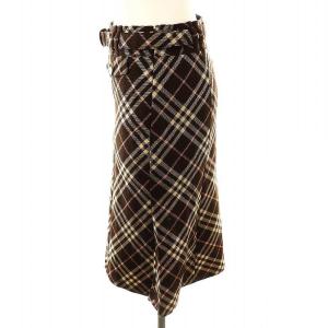BURBERRY BLUE LABEL ウール チェックスカート タイト ひざ丈 ベルト付き 36 ダークブラウン