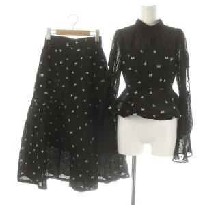 24SS セットアップ 上下 ジャガード ペプラムベアドッキングブラウス 長袖 シアースリーブ エンボスジャガードボリュームスカート