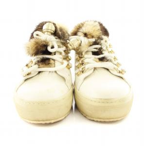 TOD'S スニーカー シューズ レザー ファー ビジュー 38 白 /MM OF