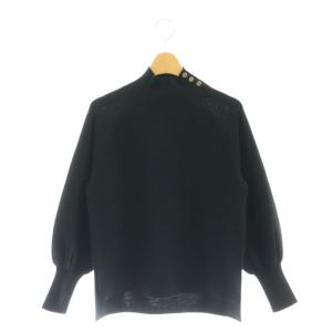 ウールシルク総針 プルオーバー ニット セーター 長袖 ハイネック サイドスリット 36 S 黒 ブラック