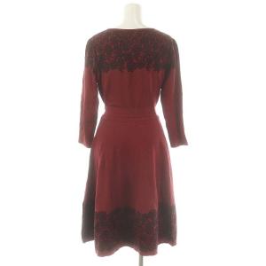 M'S GRACY Burgundy Knit Dress ワンピース 膝丈 七分袖 ニット 花柄 ウエストリボン付き 40 ワインレッド 黒