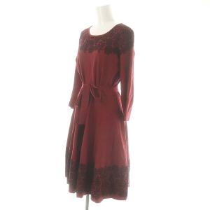 M'S GRACY Burgundy Knit Dress ワンピース 膝丈 七分袖 ニット 花柄 ウエストリボン付き 40 ワインレッド 黒