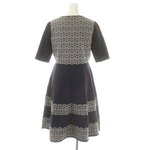 M'S GRACY フラワーリボンニットワンピース 膝丈 七分袖 40 紺 ネイビー オフホワイト