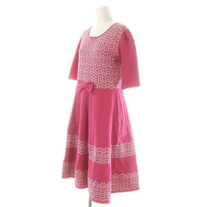 M'S GRACY フラワーリボンニットワンピース ロング ミモレ 七分袖 42 ピンク オフホワイト