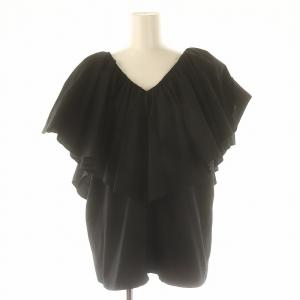 フリルVネック ブラウス 半袖 プルオーバー コットン混 M 黒 ブラック /YQ OS
