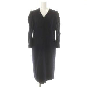 ウールVネックワンピース ロング ミモレ 長袖 36 紺 黒 ブラック 白 /DO OS