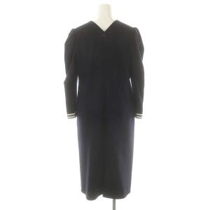 BORDERS at BALCONY ウールVネックワンピース ロング ミモレ 長袖 36 紺 黒 ブラック 白 /DO OS