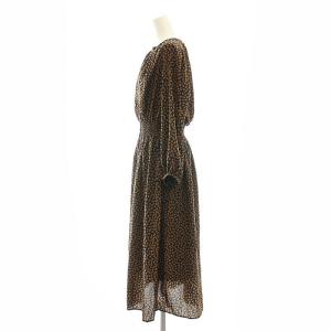 ANAYI デシンリーフプリント シャーリング ワンピース ロング ミモレ丈 長袖 インナー付き 38 紺 茶 ネイビー