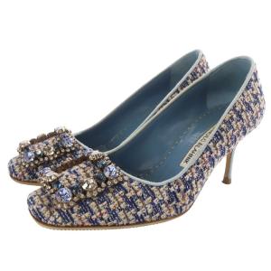 ビジュー バックル ツイード パンプス ピンヒール 35 22cm 紺 ネイビー 水色 ブルー /SR28