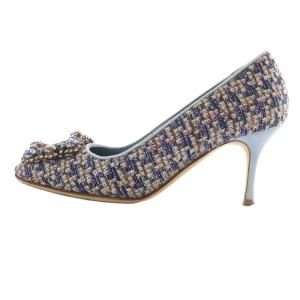 MANOLO BLAHNIK ビジュー バックル ツイード パンプス ピンヒール 35 22cm 紺 ネイビー 水色 ブルー /SR28
