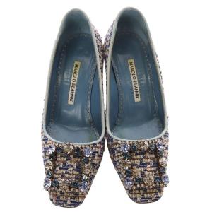 MANOLO BLAHNIK ビジュー バックル ツイード パンプス ピンヒール 35 22cm 紺 ネイビー 水色 ブルー /SR28