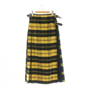 チェック 素材切り替え プリーツ ラップロングスカート マキシ丈 ウール 38 黄色 黒 紺
