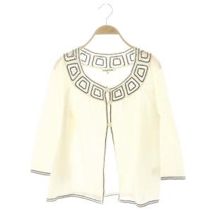 レース編み ニット 七分袖 カーディガン M ホワイト ブラック /DF OS