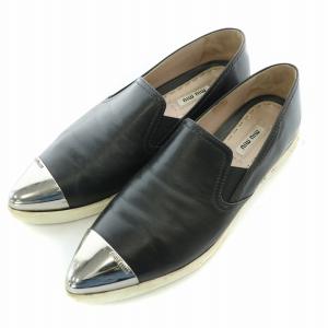 miumiu スリッポン ローカットシューズ ポインテッドトゥ メタルトゥ レザー 切替 ロゴ 38 黒 ブラック シルバー