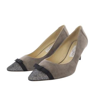 Dorothy 60 パンプス ピンヒール ポインテッドトゥ リボンモチーフ ラメ スエード 38 グレー