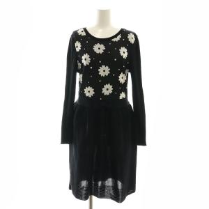 フラワー リボン ニットワンピース ひざ丈 長袖 40 黒 白 ブラック ホワイト /DF OS