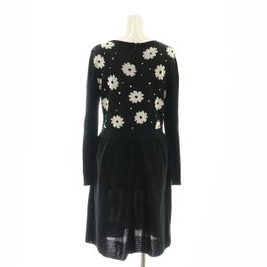 M'S GRACY フラワー リボン ニットワンピース ひざ丈 長袖 40 黒 白 ブラック ホワイト /DF OS