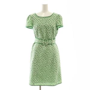 花柄 ジャガード ワンピース ひざ丈 半袖 ベルト付き 40 緑 白 グリーン ホワイト /DF OS