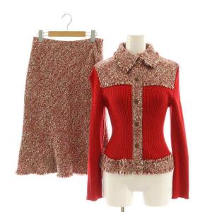 ツイード ニット セットアップ 上下 シャツ 長袖 マーメイドスカート ミディ丈 ひざ丈 40 赤 レッド