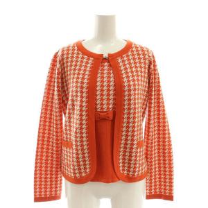ニット アンサンブル 千鳥格子 カーディガン 長袖 プルオーバー 半袖 40 オレンジ オフホワイト /DF