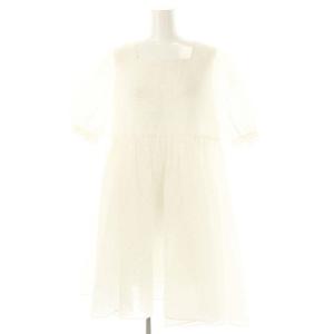 スクエアネック パフスリーブ ショートワンピース 膝丈 五分袖 XS 白 ホワイト