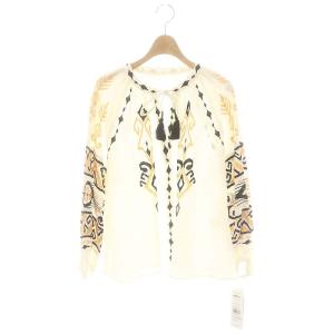 23SS キカカフタンTOP ブラウス プルオーバー 長袖 刺繍 タッセル リネン混 36 アイボリー