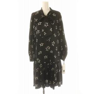 23AW スタープリント ワンピース ロング ミモレ丈 長袖 総柄 インナー付き 36 黒 白 ブラック
