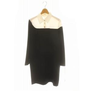 シャツカラーミニワンピース 長袖 36 黒 白 ブラック ホワイト