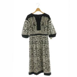 レースプリントカットドレス ワンピース 五分袖 ロング 総柄 36 黒 白 ブラック ホワイト /NR