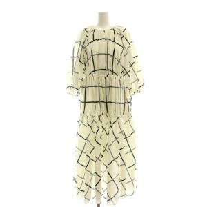 23SS チェックプリントギャザードレス ワンピース 五分袖 ロング 36 オフホワイト 黒 グレー