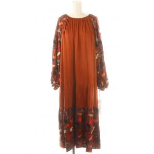 ギャザーフレアパフワンピース ロング 長袖 刺繍 ティアード 36 茶 ブラウン マルチカラー