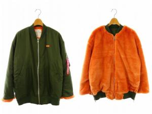 リバーシブル フェイクファー MA-1 ジャケット ブルゾン ジップアップ カーキ オレンジ /HK OS