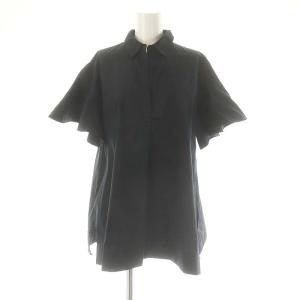 22SS タイプライターフレア袖ブラウス 五分袖 チュニック丈 36 紺 ネイビー /MI OS