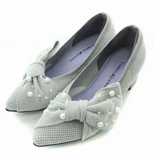 パンプス ポインテッドトゥ チャンキーヒール フェイクパール リボン 21.5cm グレー /BB SH