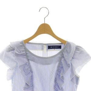 M'S GRACY ストライプフリルリボンワンピース 膝丈 フレンチスリーブ 38 ライトブルー 白 ホワイト /DO OS