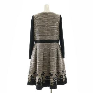 M'S GRACY ジャガード スリーブ切替 フラワーワンピース 袖ニット 長袖 ひざ丈 フレア ウエストリボン 花柄 42 XL 黒 ブラック