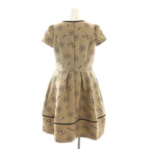 M'S GRACY カメリアモチーフ ワンピース 半袖 ひざ丈 総柄 リボン 42 XL ベージュ 黒 ブラック