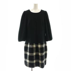 パフスリーブワンピース 七分袖 ひざ丈 チェック柄 ウール混 42 XL 黒 ブラック 白 ホワイト /KO