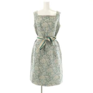 ジャガードワンピース 膝丈 ノースリーブ 総柄 ウエストリボン付き 38 緑 グリーン ベージュ /MI