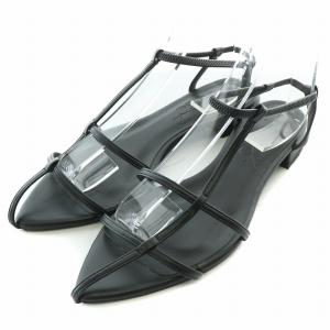 23SS ポインテッドダブルTストラップサンダル ローヒール フェイクレザー L 黒 ブラック /BB